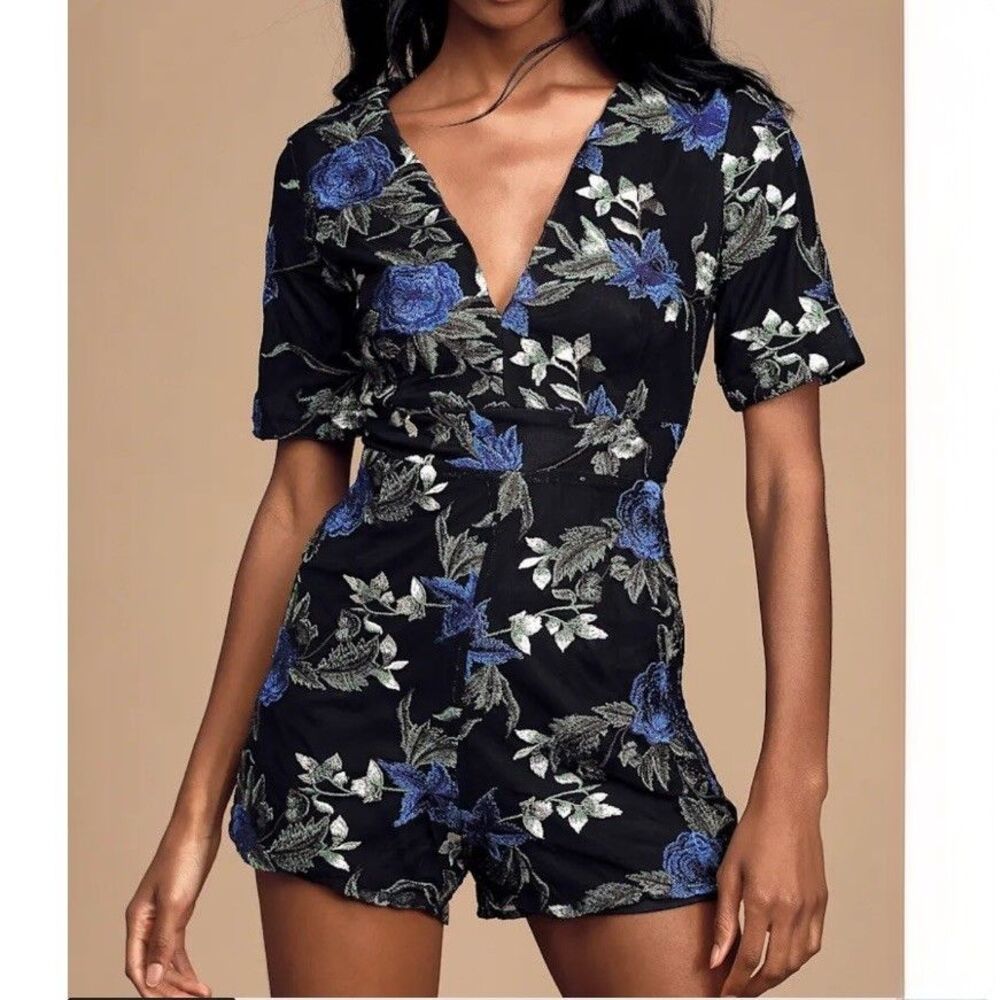 Lulus Romper Floral Embroidered Mesh Short Sleeve Boho Chic Black Blue V-Neck S